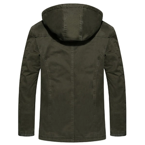 Men's olive green long hooded padded jacket with reinforced stitching, back view display