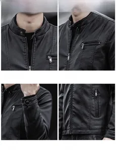 Détails de la veste slim en cuir PU pour hommes avec col montant et poches zippées