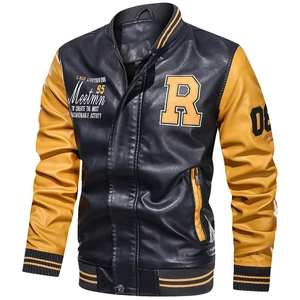 Giacca da baseball uomo in pelle PU blu e gialla con ricami sportivi e bordi a coste rigate