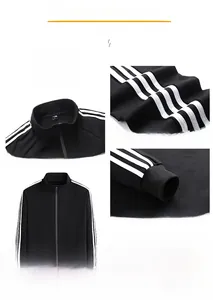 Detail of black sports jacket featuring stand-up collar and white striped sleeves