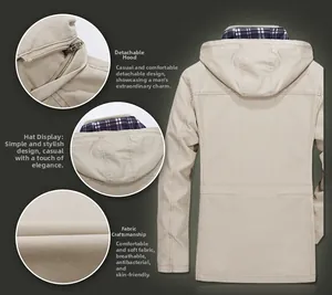 Detail view of khaki men's jacket showing detachable hood with zipper and breathable fabric