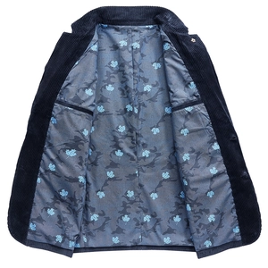 Men's navy corduroy blazer with stylish camouflage maple leaf lining and inner pockets