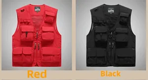 Detail view of multi-pocket outdoor vest in red and black with functional D-rings
