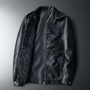 Men's black faux leather biker jacket with stand collar and zipper, stylish embroidery detail