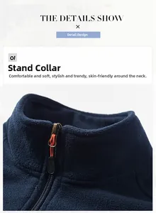 Detail view of the stand-up collar and smooth zipper on this men's fleece vest