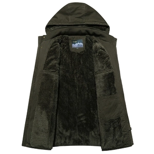 Men's dark green winter parka coat with thick fleece lining and windproof hood