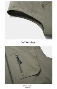 Détail du gilet outdoor vert armée montrant la poche poitrine zippée et la broderie