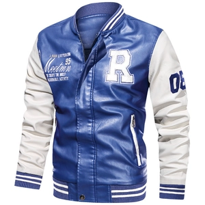 Giacca varsity da uomo in pelle PU blu e bianca con ricamo R e polsini a costine