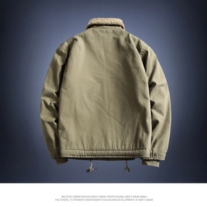 Detail view of khaki olive green work jacket featuring warm fleece collar and drawstring hem