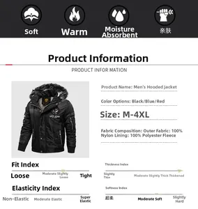 Detailed spec chart for men's hooded jacket showing 100% nylon fabric and faux fleece lining