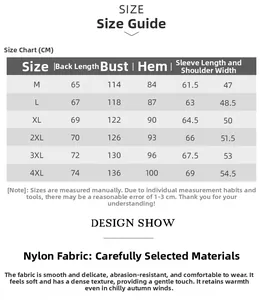 Size chart for winter hooded jacket showing measurements in CM from size M to 4XL