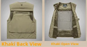Detail view of khaki outdoor vest showing mesh lining and removable back panel design
