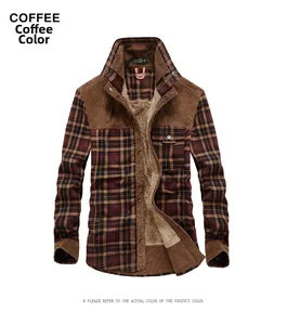 Detail of coffee plaid flannel shirt with corduroy shoulder and warm fleece lining