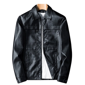 Men's black PU biker jacket with stand collar, metal zipper, and chest embroidery