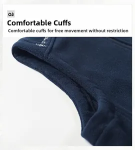 Detail of comfortable armhole stitching on a navy blue polar fleece outdoor vest