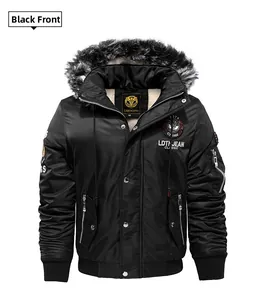 Detail of hooded pilot jacket with thick faux fur trim and warm sherpa fleece lining