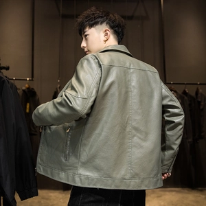 Slim fit PU leather jacket for men in grey-green with lapel collar and side zip pockets