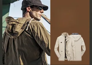 Detail view showing men's field jacket with stand collar, epaulets, and drawstring waist
