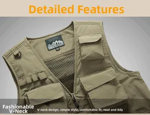 Detail of khaki outdoor vest showing stylish V-neck design and breathable mesh lining