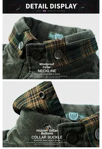 Detailed view of windproof collar with metal snap buttons and green corduroy fabric