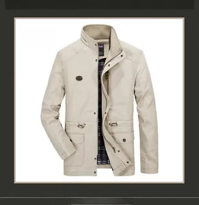 Detailed front view of light khaki men's windbreaker featuring cargo pockets and drawstrings
