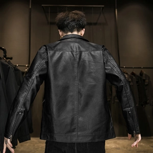 Slim fit black PU leather jacket for men featuring back view with zipper cuff details