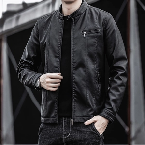Veste Homme en Cuir PU Coupe Ajustée Col Montant Style Motard Extérieur Casual Mode Manteau pour Printemps Automne Homme