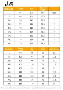Comprehensive size chart for men's cotton tracksuit including dimensions from L to 8XL