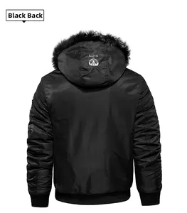 Back view of black hooded bomber jacket with gray faux fur trim and G-LDTN print