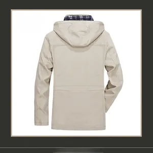 Detail of light khaki men's hooded windbreaker featuring a checkered lining and back view