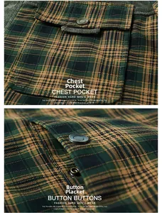 Detail of plaid fleece shirt with corduroy shoulder patch and bronze button pockets