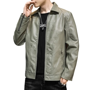 Men's slim fit grey-green PU leather jacket with zipper pockets and a classic turn-down collar