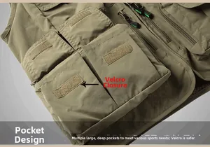 Detail view of khaki multi-pocket outdoor vest with velcro closures and durable metal zippers