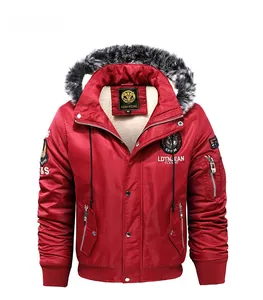 Close-up of red winter parka showing faux fur hood and warm white fleece lining