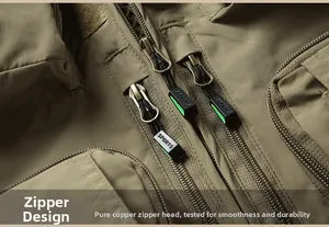 Detail of durable copper zippers and tactical pockets on this khaki outdoor vest