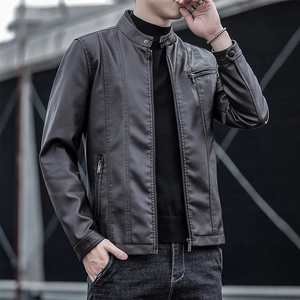 Veste homme cintrée en simili cuir gris foncé avec col montant et détails zippés