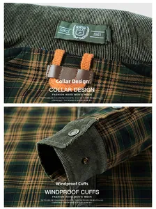 Detail of warm flannel shirt featuring corduroy collar lining and metal snap cuffs