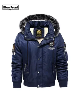 Detail view of winter hooded jacket with blue windproof shell and faux lamb wool lining