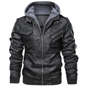 Schmale Herren Bikerjacke aus schwarzem PU-Leder mit grauer Strickkapuze und Reißverschluss