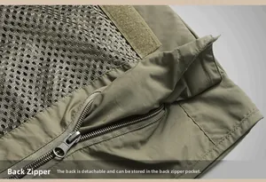 Detail of army green tactical vest featuring breathable mesh and back zipper pocket