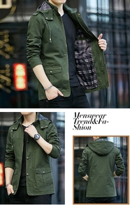 Détails d'une veste à capuche vert armée avec doublure à carreaux et poches spacieuses