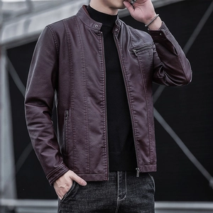 Veste ajustée en similicuir bordeaux pour homme avec col montant et poches zippées