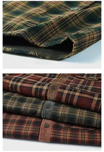 Detail of the hem and corduroy collar stitching on a thick plaid flannel shirt