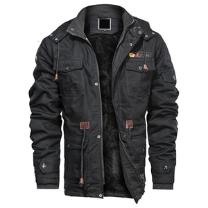 Men's hooded winter cargo jacket with warm fleece lining and multiple pockets in black