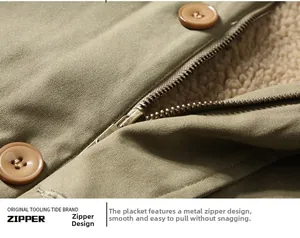 Detail of heavy duty metal zipper and warm sherpa lining on winter workwear jacket