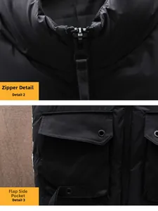 Detail of high collar zipper and flap side pockets on padded puffer vest for men