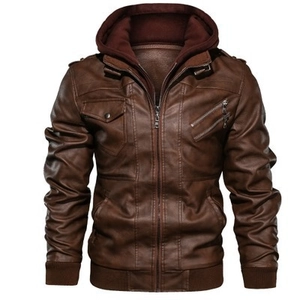 Herren Slim Fit Kapuzenjacke aus braunem PU-Leder mit Metallreißverschluss und Rippbündchen