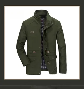 Detailed view of military green men's jacket with windproof collar and blue checkered lining
