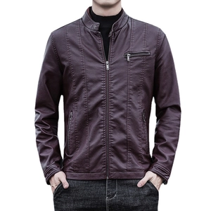 Veste homme slim en simili cuir bordeaux avec col montant et poches zippées