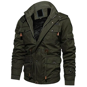 Men's army green hooded military jacket with fleece lining and multi-pocket cargo design
